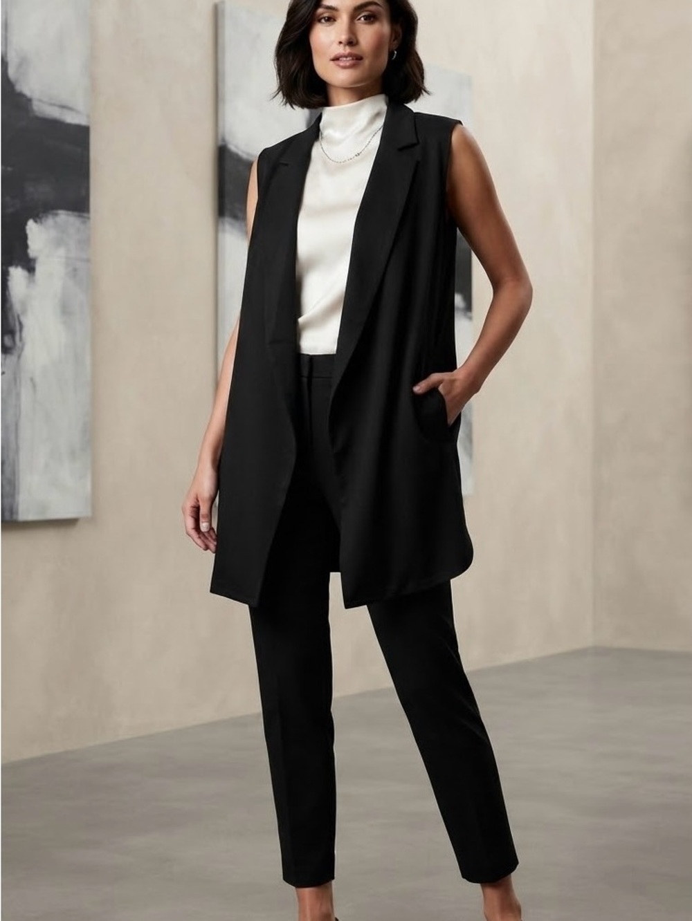 MELLODAY Black Sleeveless Long Blazer Vest & Pants Set